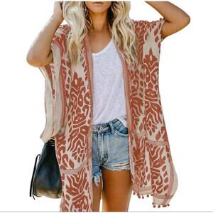 Women Beach Long Floral Print Kimono Tassel Casual Cardigan Loose Cover One size